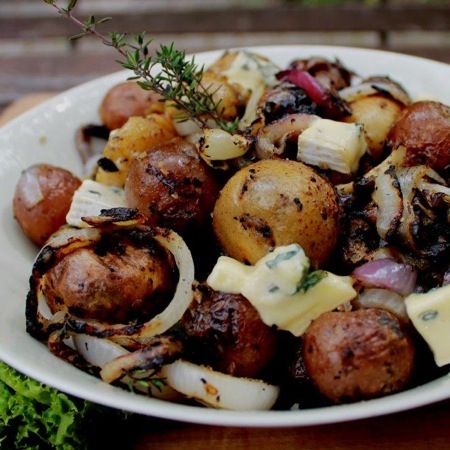 Grill Roasted New Potatoes with Onions, Mushrooms & Cambazola Cheese